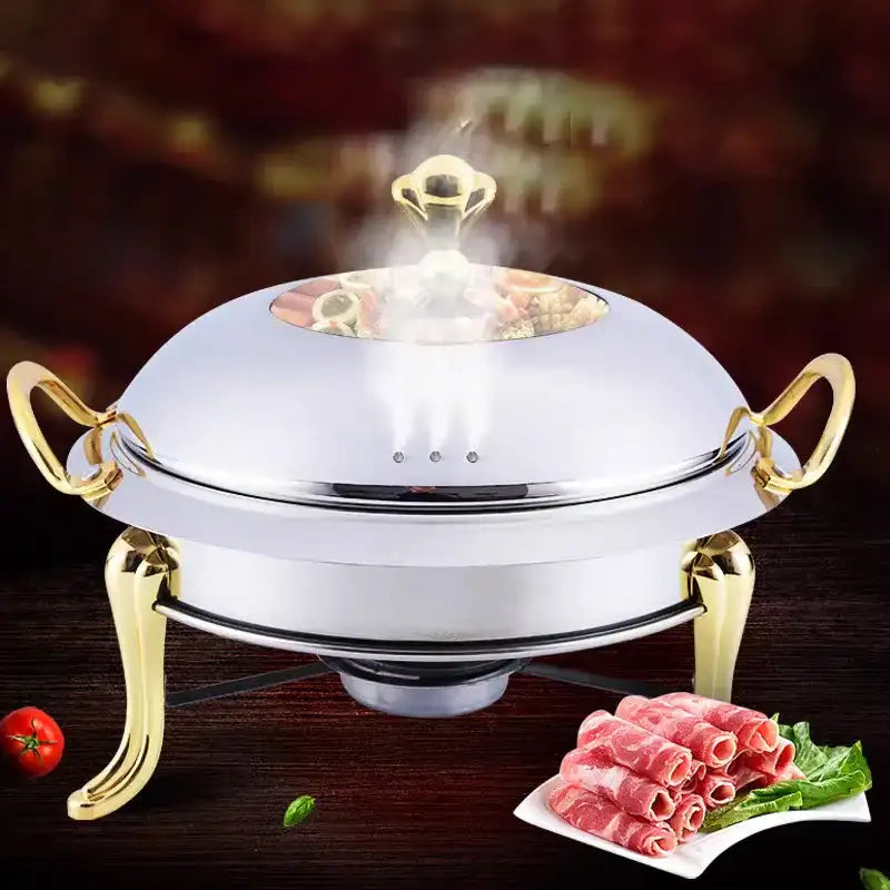 Round Stainless Steel Cooking Buffet Warmer Tray with Lid & Fuel Holder – 6 L / Professional Serving Set