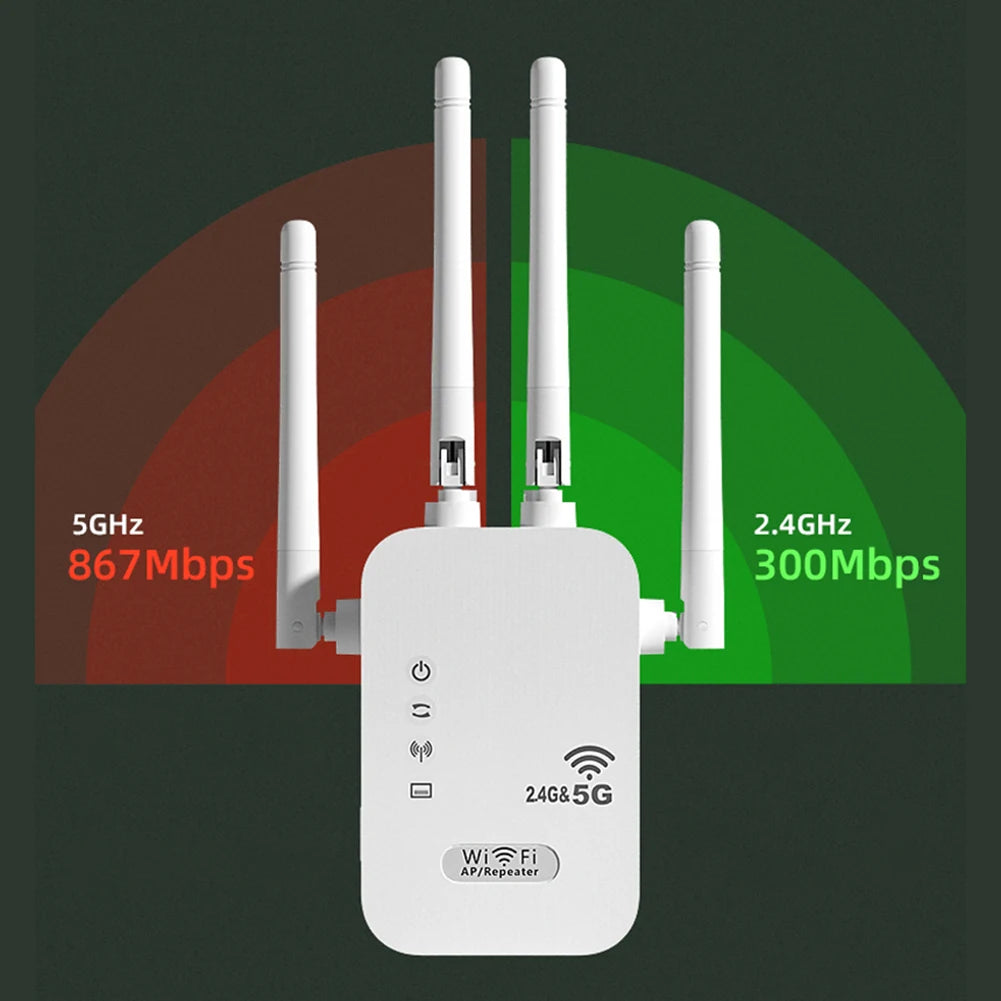 1200Mbps WiFi Extender – Dual-Band (2.4GHz/5GHz) Signal Booster with WAN/LAN Port & Amplifier for Home & Small Office