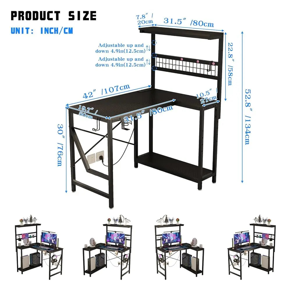 42″ L-Shaped Gaming Desk – Reversible Corner Computer Desk with Power Outlets, LED Lights, 3-Tier Shelves & Cup Holder