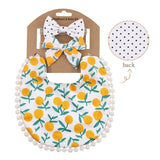 3-Piece Flower Print Baby Bib & Headband Set – Soft Cotton Linen Feeding Bandana Bibs | Double-Layer Saliva Towels for Boys & Girls