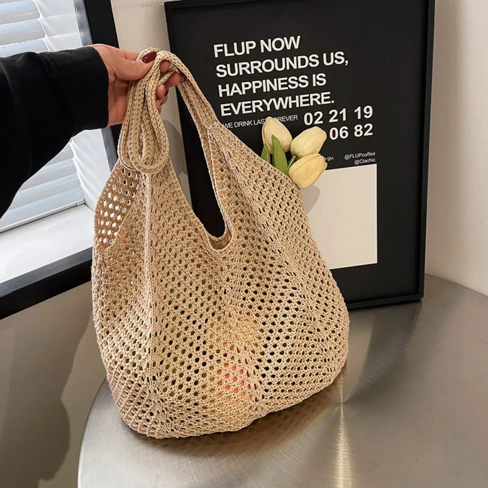 Women’s Knitted Shoulder Tote – Large-Capacity Crochet Underarm Bag, Summer Mesh Beach Hobo Handbag