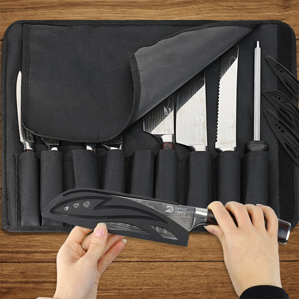 8‑Piece Damascus Stainless Steel Knife Set with Bag – Utility, Boning, Chef & Santoku Knives, Nylon Case Included 🔪