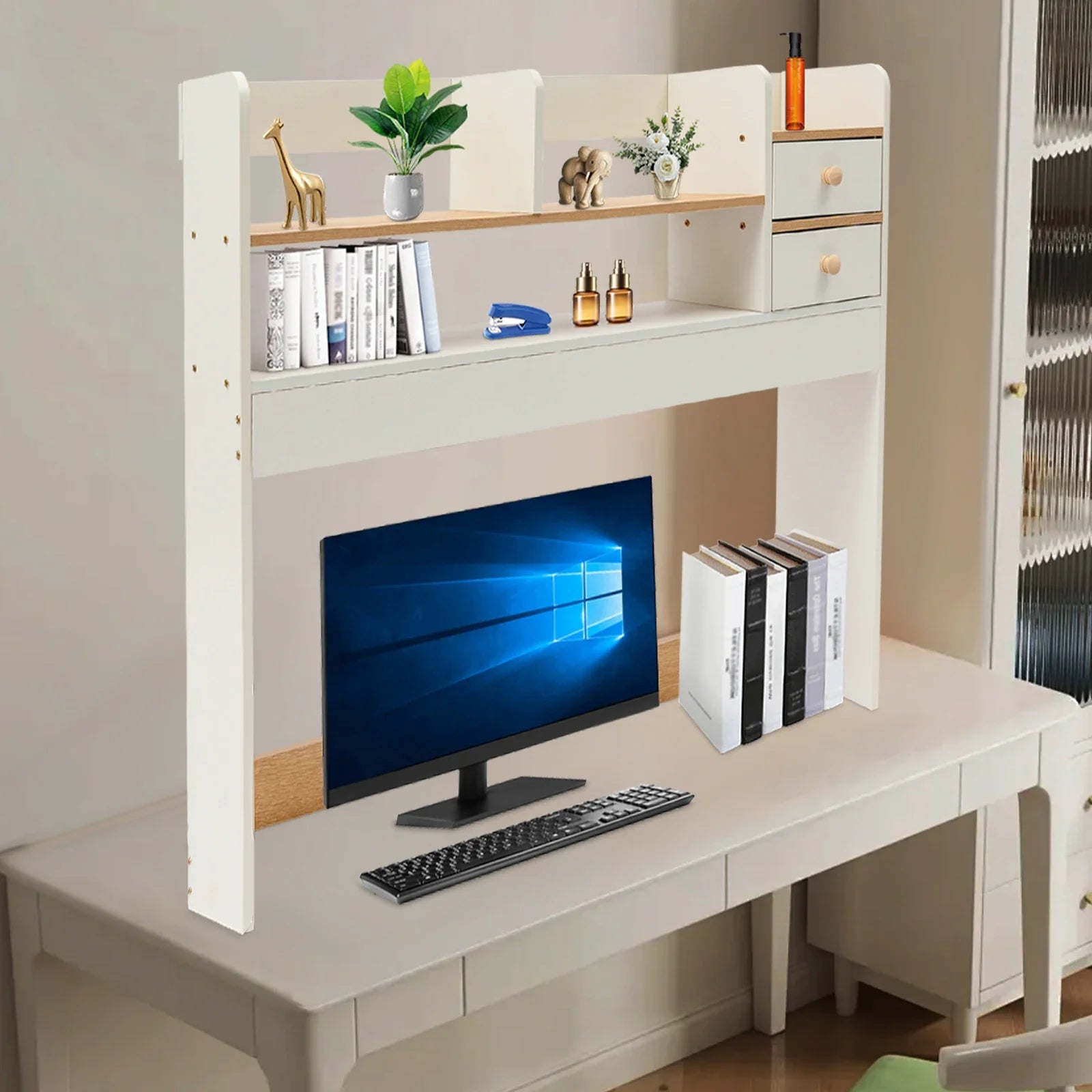 36-Inch Modern 2-Tier Desktop Bookshelf with 2 Drawers – Sleek Desk Organizer
