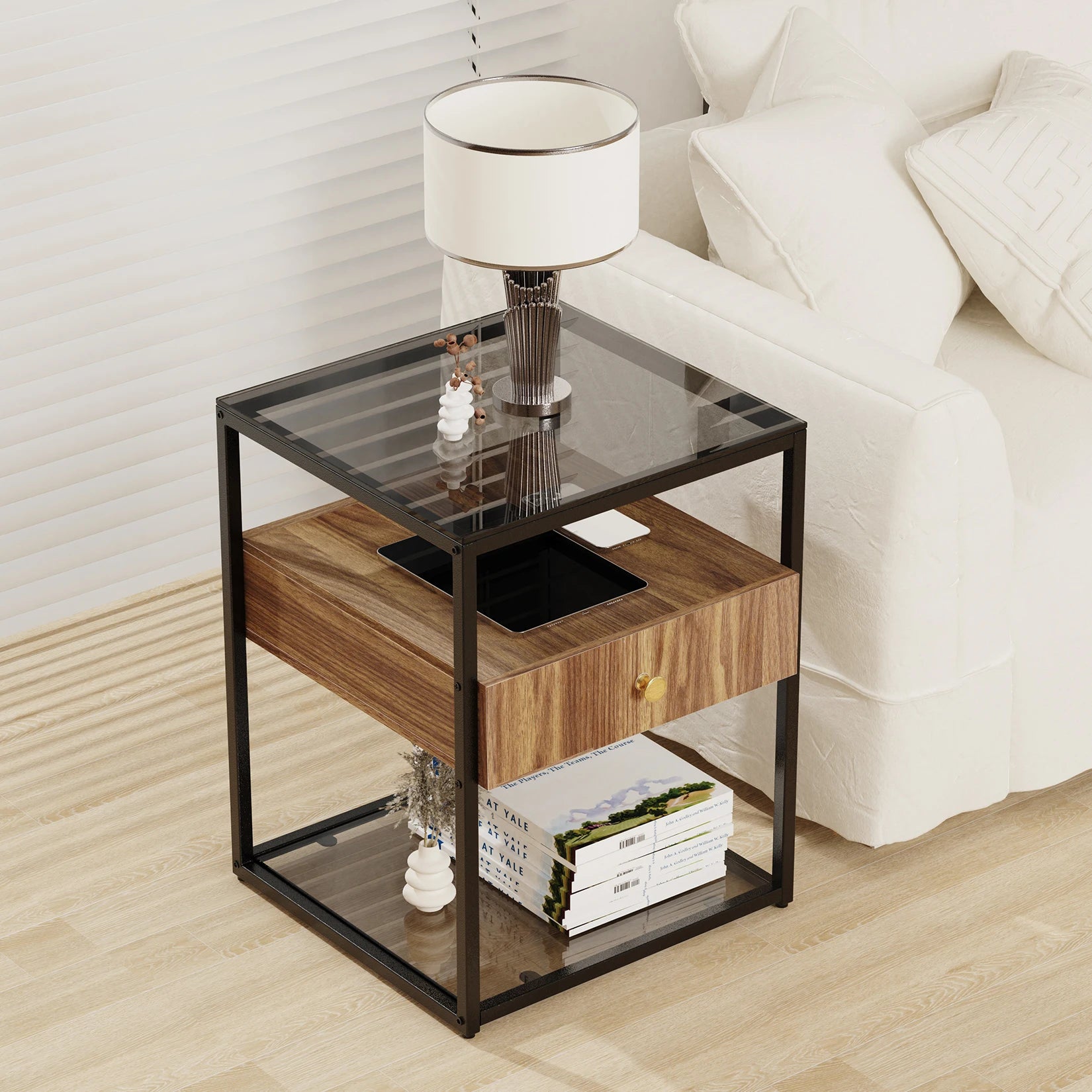 Tempered Glass Side Table – Modern Nightstand with Drawer & Shelf, Stable Steel Frame for Living Room 🛋️✨