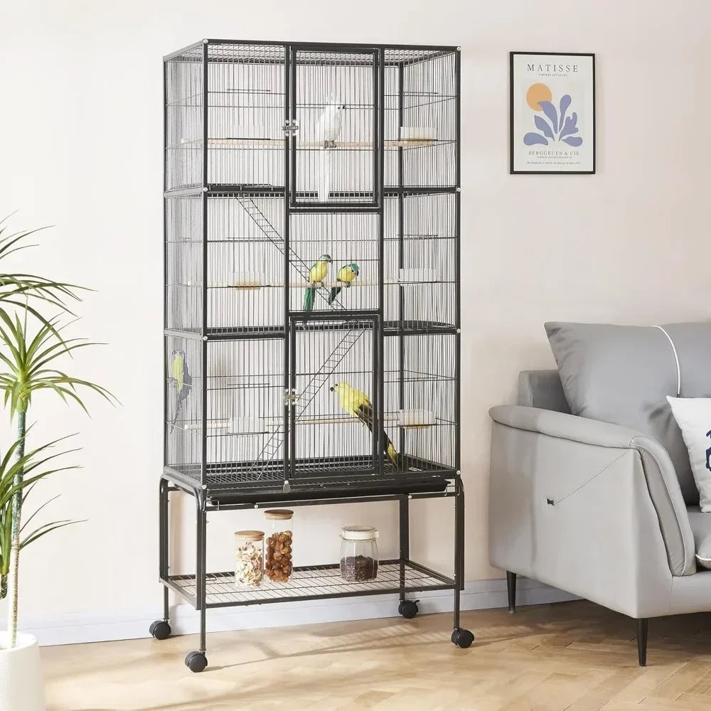 Large Bird Cage with Rolling Stand – Wide Flight Metal Parrot Cage for Budgies, Parakeets & Conures, Secure Animal Habitat