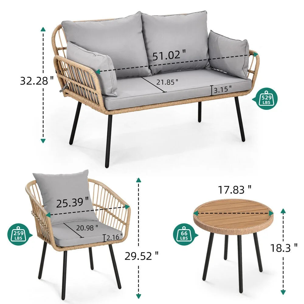 “4-Piece Outdoor Patio Rattan Furniture Set with Cushions – Loveseat, 2 Chairs & Coffee Table with Glass Top”