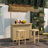 Outdoor Tiki Bar Set – 3-Piece Wicker Islander Bar with Widen Ceramic Top & 2 Stools | All-Weather Garden Bar Furniture with Storage
