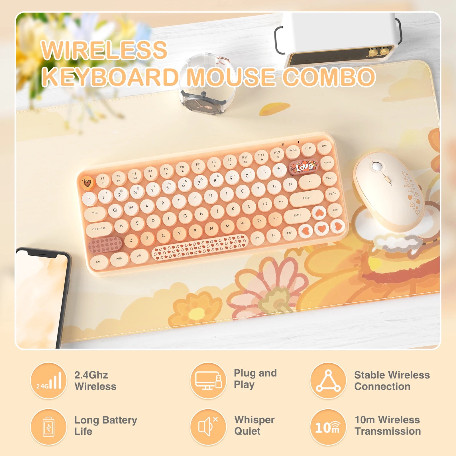 Attack Shark 308i Wireless Keyboard and Mouse Set – Color Gradient Retro Typewriter Style with Cute Round Keycaps