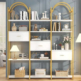 5-Tier L-Shaped Corner Bookcase – White & Gold Modern Display Shelf with Adjustable Feet & Anti-Tip Design