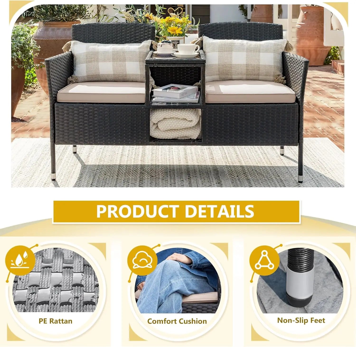 “Outdoor Patio Loveseat – Modern Rattan 2-Seat Conversation Set with Cushions & Built-in Coffee Table for Garden & Porch”