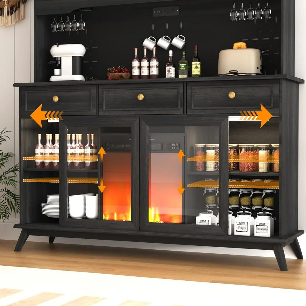 4" Wine Bar Cabinet with Fireplace – LED Lights, Power Outlets & Sliding Doors, Kitchen Pantry Storage