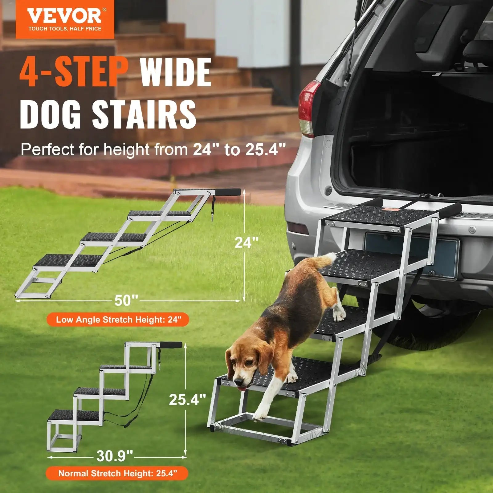 “Vevor 4-Step Folding Dog Car Stairs – Wide Portable Aluminum Pet Steps for Cars, SUVs & Trucks up to 150 lbs”