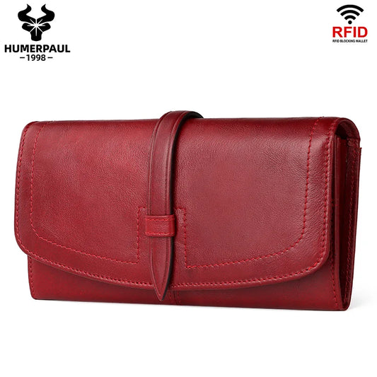 Women’s Genuine Leather Long Wallet – Luxury Clutch Purse with Phone Pocket, Card Holder & Casual Handbag Style