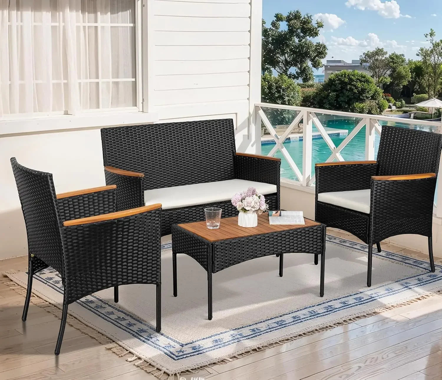 “4-Piece Outdoor Wicker Patio Furniture Set – Loveseat, 2 Chairs & Coffee Table with White Cushions for Lawn & Backyard”