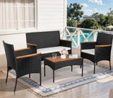 “4-Piece Outdoor Wicker Patio Furniture Set – Loveseat, 2 Chairs & Coffee Table with White Cushions for Lawn & Backyard”