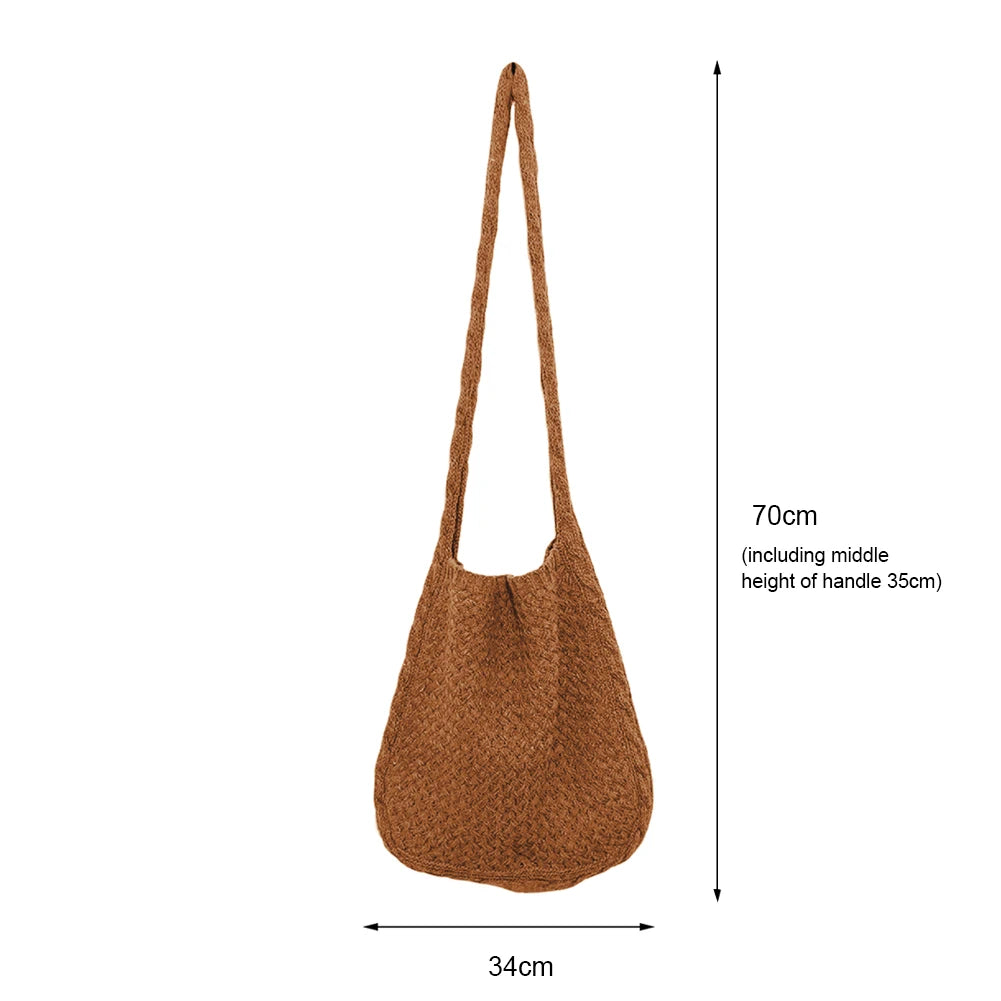 Wool-Knitted Shoulder Shopping Bag for Women – Vintage Cotton Cloth Tote, Large Crochet-Style Shopper Handbag