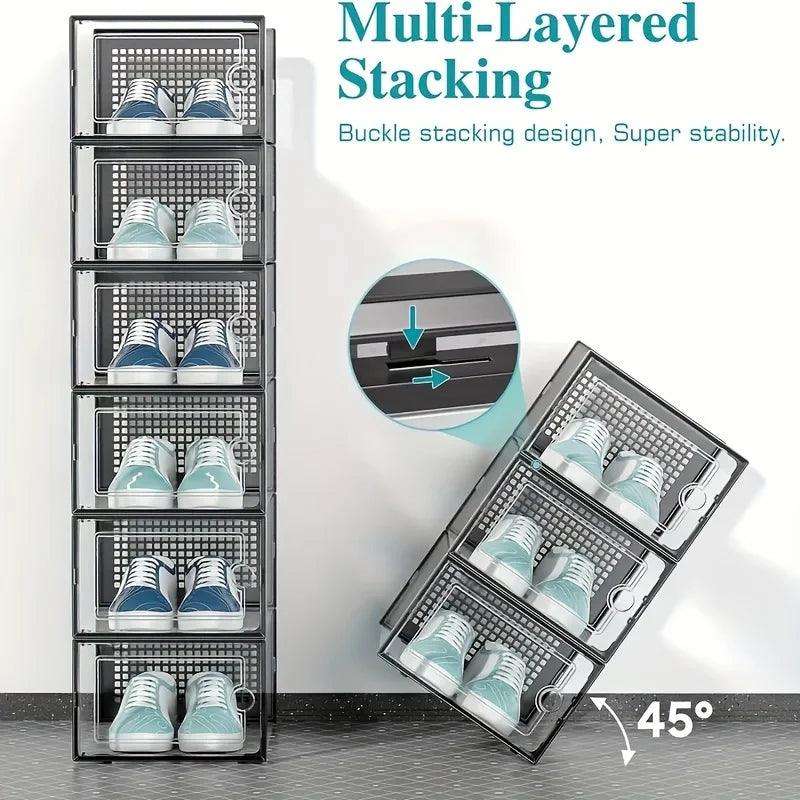 12 Pc / 24 Pc Large Capacity Modular Space-Saving Shoe Box, Transparent Plastic Stackable with Lid, Sneaker Display Box, B - PulinGO