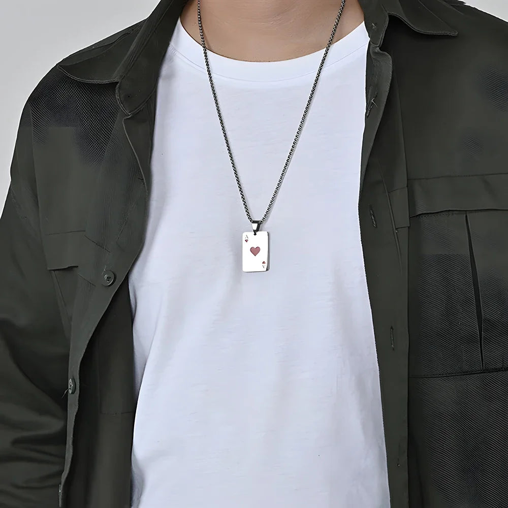 Hip Hop Poker Card Necklace for Men – Stainless Steel Ace of Spades Pendant Chain, Street Style Playing Card Jewelry