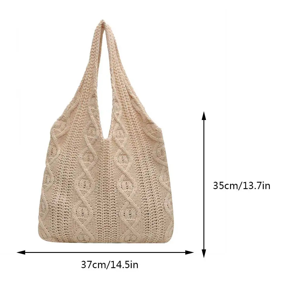 Wool-Knitted Shoulder Shopping Bag for Women – Vintage Cotton Cloth Tote, Large Crochet-Style Shopper Handbag