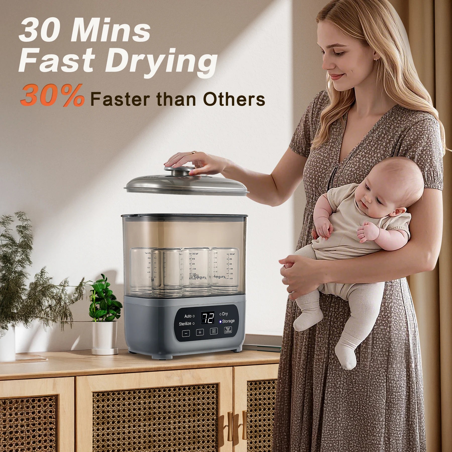 4-in-1 Baby Bottle Sterilizer & Dryer – 6 Bottle Capacity, 30 Min Dry, 72H Storage, 99.99% Germ-Free
