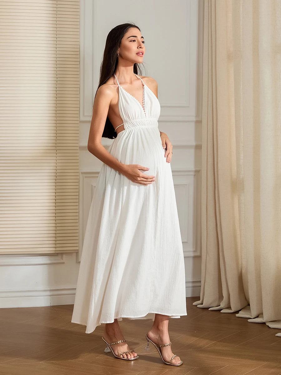 Elegant Sleeveless Maternity Maxi Dress – Ruched Empire Waist Pregnancy Gown for Baby Shower, Photoshoot & Summer Wear