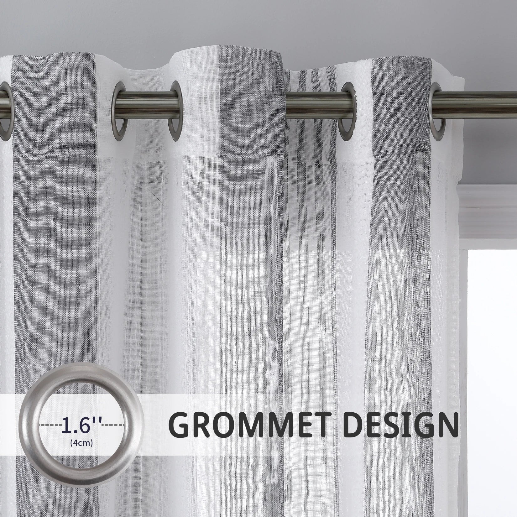 Sheer Voile Stripe Faux Linen Curtains – Grommet Top, 63 in Length, 2 Panel Set for Living Room/Bedroom/Bathroom