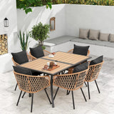 “7-Piece All-Weather Rattan Patio Dining Set – 60” Wood-Top Table with Umbrella Hole & 6 Cushioned Chairs for Outdoor Garden & Backyard”