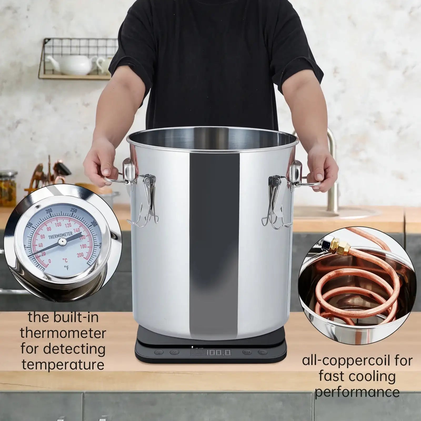5 Gallon (19L) Stainless Steel Water & Alcohol Distiller – Home Brewing DIY Kit with Built-in Thermometer, Copper Tube & Water Pump