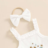 Waffle-Flower Embroidered Sleeveless Romper Set for Baby Girls – Shorts & Headband Included