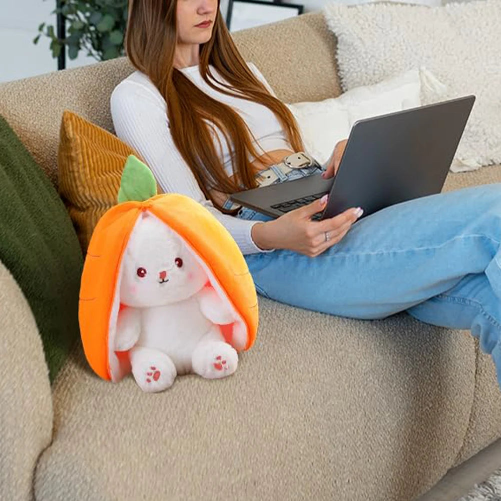 Reversible Bunny Plush Toy – 18/25/35cm Soft Stuffed Rabbit Hiding in Strawberry or Carrot Bag, Cute Pillow & Gift for Kids