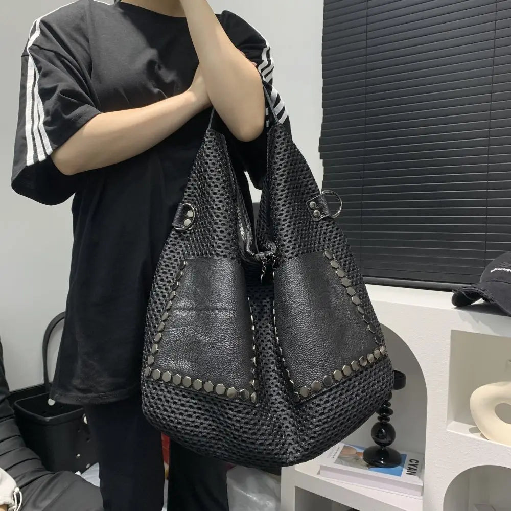 Mesh Splicing Star-Pattern Shoulder Bag – Large-Capacity Y2K Street Tote for Women