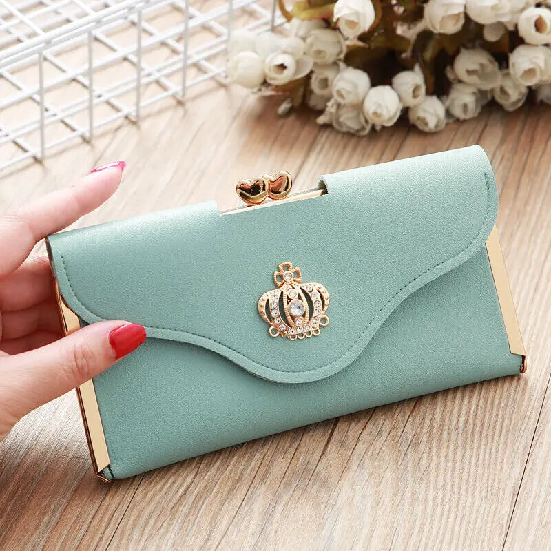 Women’s Crown Style Long Wallet – Elegant PU Leather Hasp & Zipper Clutch with Coin Pocket, Card Holder & Portable Design