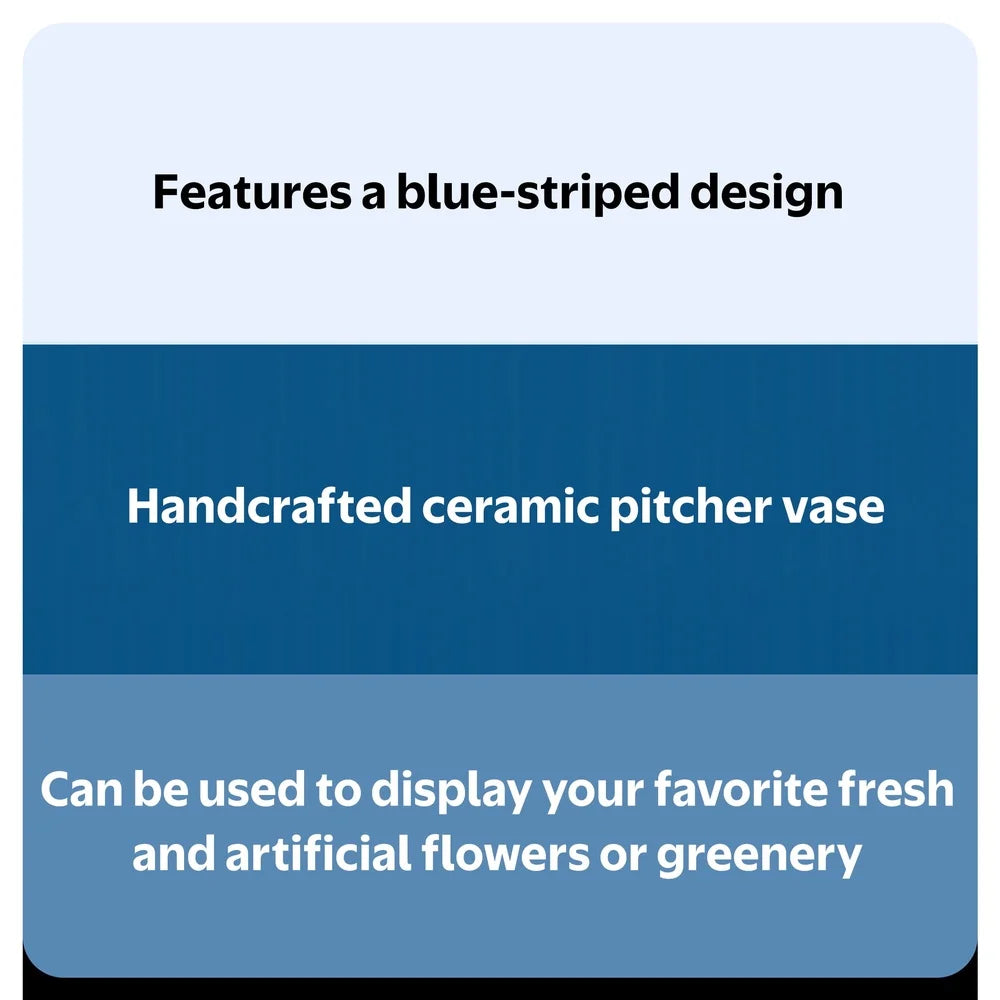 Handcrafted Ceramic Blue Stripe Pitcher Vase – Elegant Decorative Jug for Fresh & Artificial Flower Arrangements | Mediterranean Home Décor