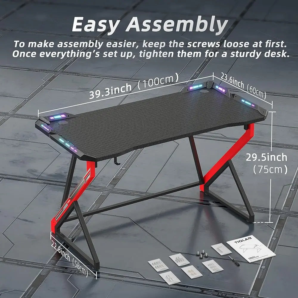 40″ Gaming Desk with LED Lights – Z-Shaped Gamer Workstation Table with Carbon Fiber Surface for PC & Accessories