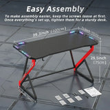 40″ Gaming Desk with LED Lights – Z-Shaped Gamer Workstation Table with Carbon Fiber Surface for PC & Accessories