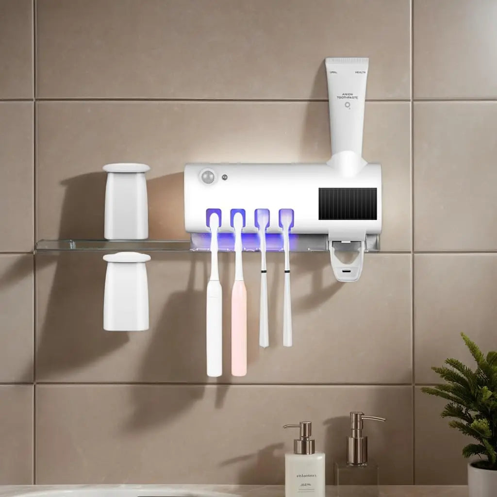 Wall-Mounted Toothpaste Dispenser & 4-Slot Toothbrush Rack – Drill-Free Bathroom Accessory