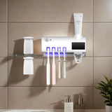 Wall-Mounted Toothpaste Dispenser & 4-Slot Toothbrush Rack – Drill-Free Bathroom Accessory