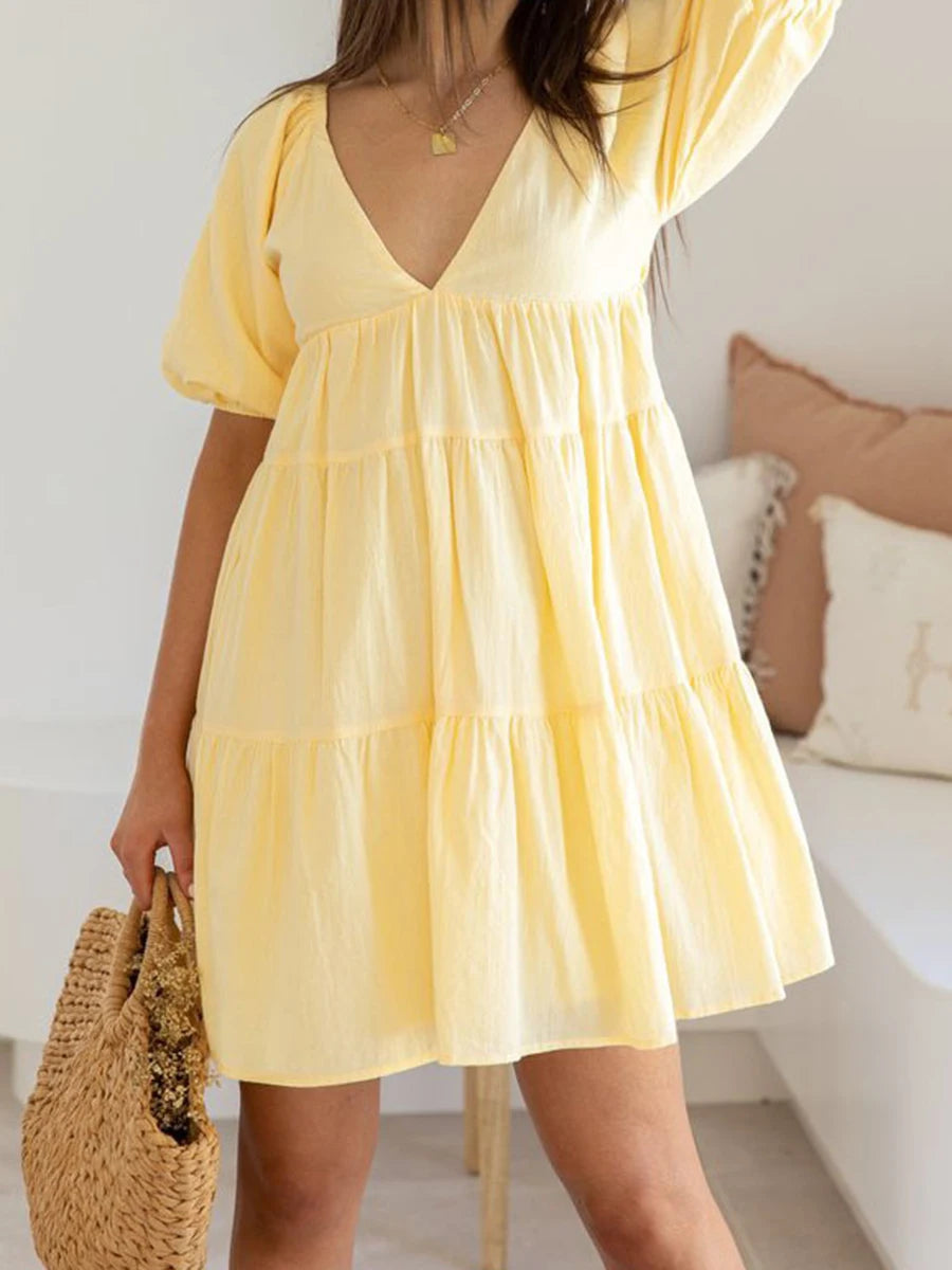 Elegant Maternity Dress – Solid Color A-Line Pregnancy Outfit with Puff Sleeves & V-Neck, Casual Summer Photoshoot Wear