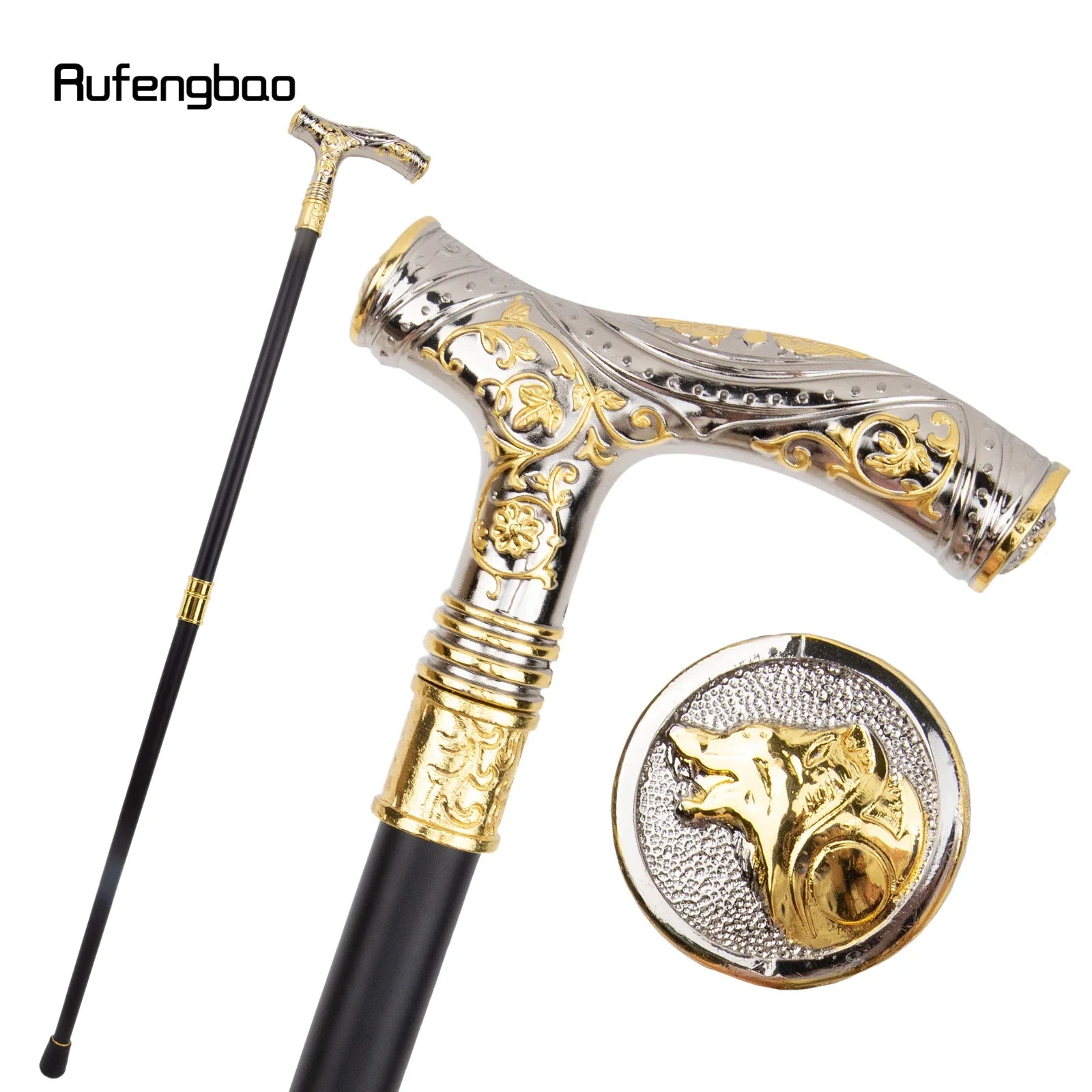 Golden & White Wolf Head Walking Cane – 93cm Fashion Gentleman’s Stick with Flower Totem Relief 🐺🌸