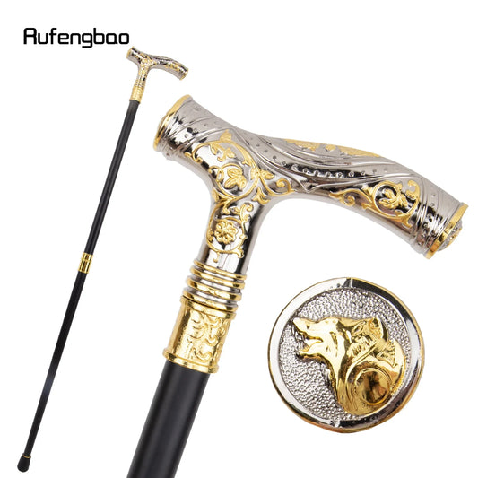 Golden & White Wolf Head Walking Cane – 93cm Fashion Gentleman’s Stick with Flower Totem Relief 🐺🌸
