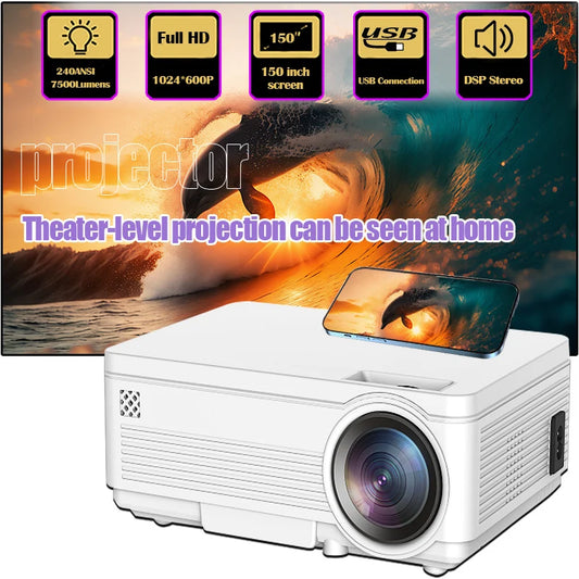 Portable HD Mini Projector – 1280×720p LED, 240 ANSI Lumens, Bluetooth & Wi-Fi, Short-Throw Home Media Player