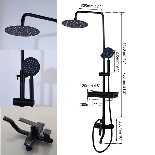 Zappo Matte Black 3-Way Wall-Mounted Rainfall Shower System – Shelf & Bathtub Mixer Included