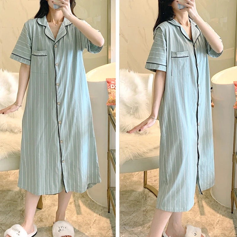 Women’s Cotton Maternity Pajama Dress – Short Sleeve Striped Nursing Sleepwear, Breastfeeding Loungewear Gown