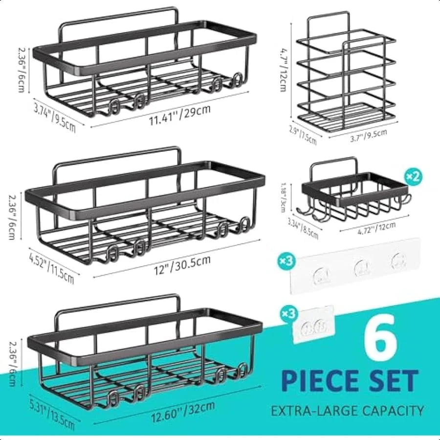 6-Pack Adhesive Shower Caddy Set – Large Capacity No-Drill Rust-Proof Wall-Mounted Shelves