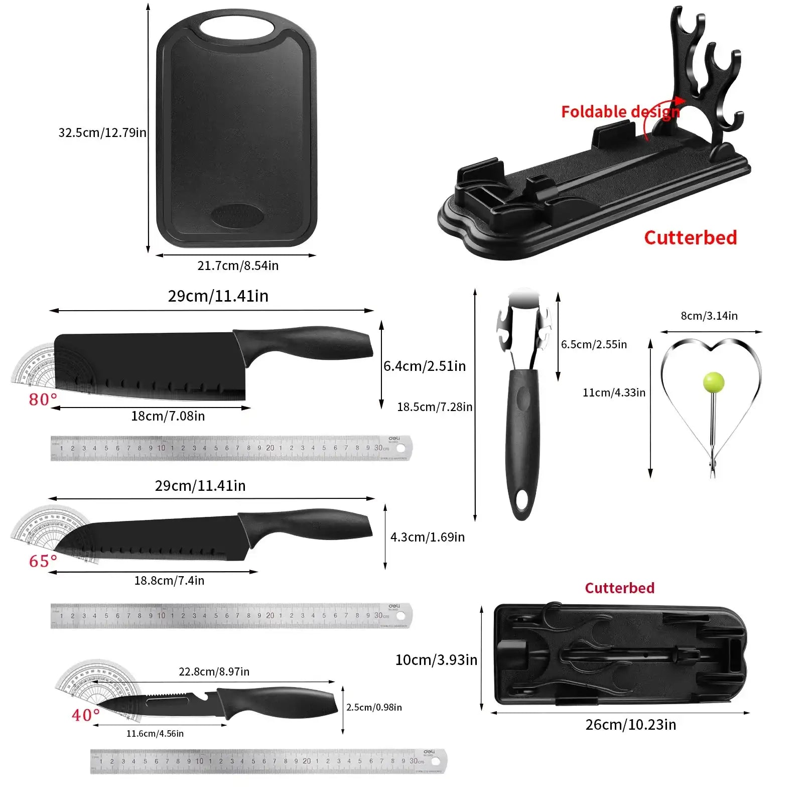 “Black Premium Kitchen Knife Set – Chef & Fruit & Cleaver + Cutting Board & Egg Mold”