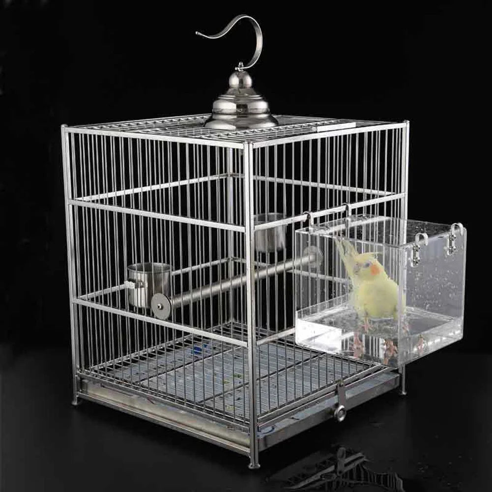 Transparent Acrylic Bird Bath Box – Hanging Water Tub for Cages, Thickened Shower Accessory for Parrots, Canaries & Budgies