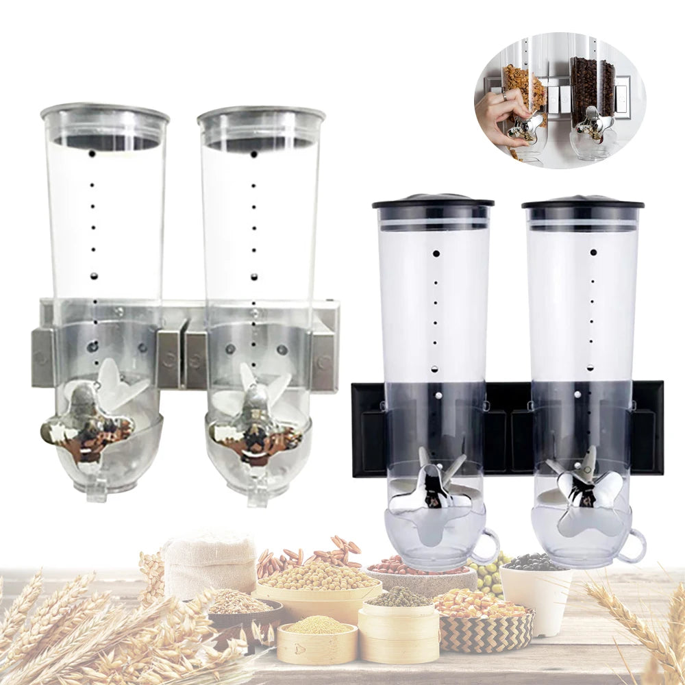 2-Pc Wall-Mount Dry Food Dispenser Set – Stainless Steel Cereal, Rice & Grain Containers (Silver & Black)