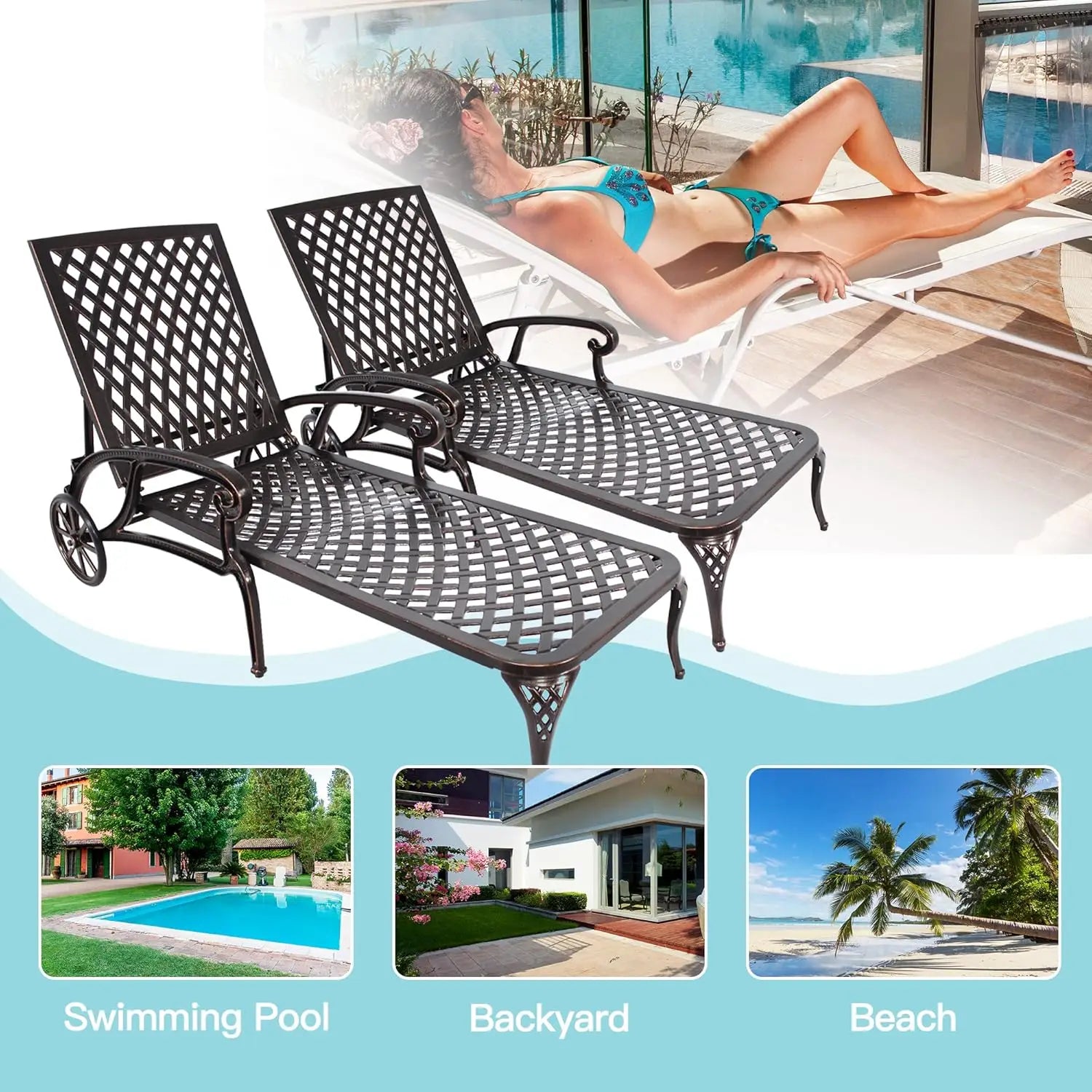 Outdoor Chaise Lounge Chair Set of 2 – Cast Aluminum Poolside Loungers with Adjustable Backrest & Moveable Design | All-Weather Tanning Chairs