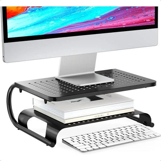 2-Tier Metal Monitor Stand Riser – Desktop Shelf with Vented Design for Computer, Laptop & Desk Organization