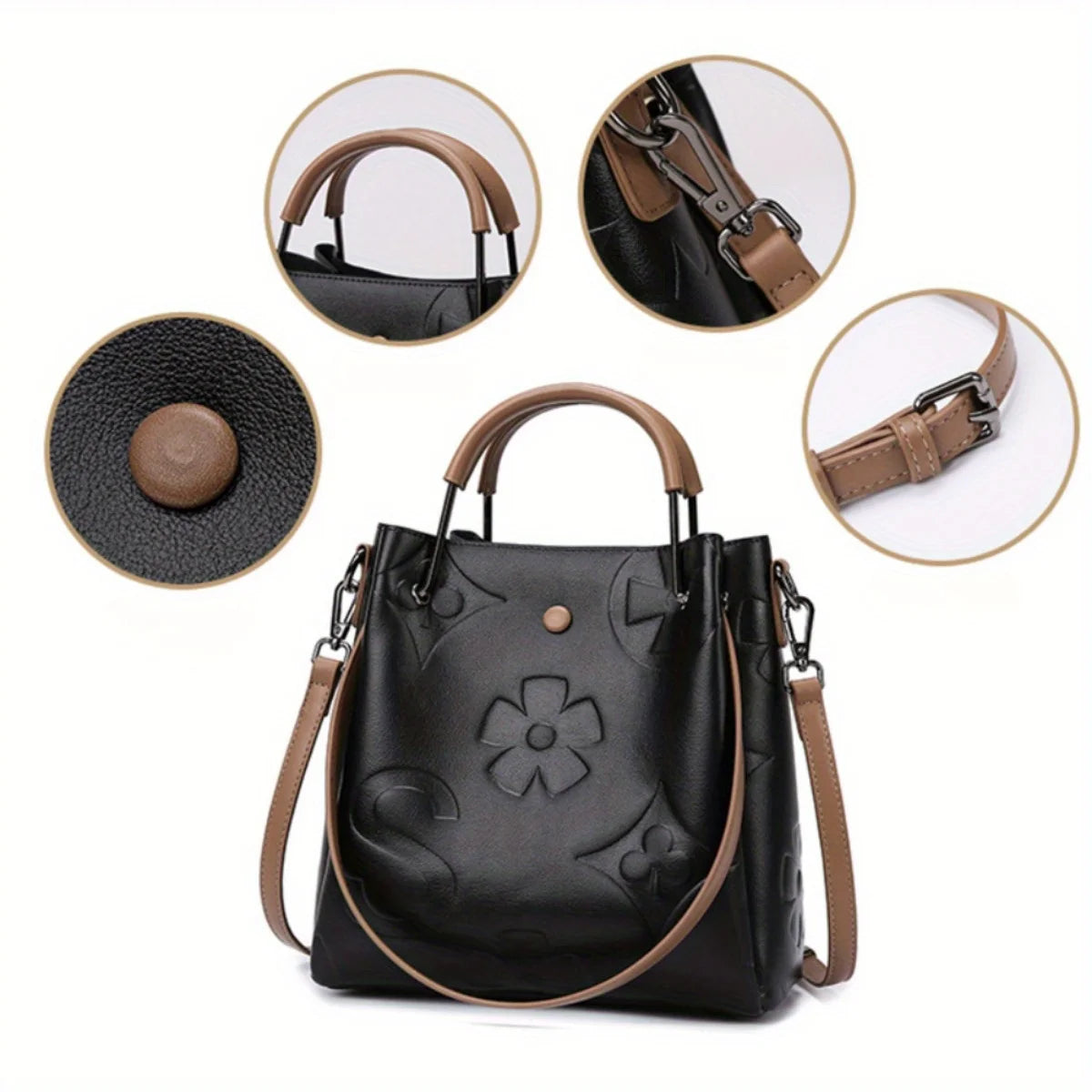 Trendy Women’s 2-Way Printed Letter Bucket Bag – Premium Embossed PU Leather Handbag, Shoulder & Crossbody